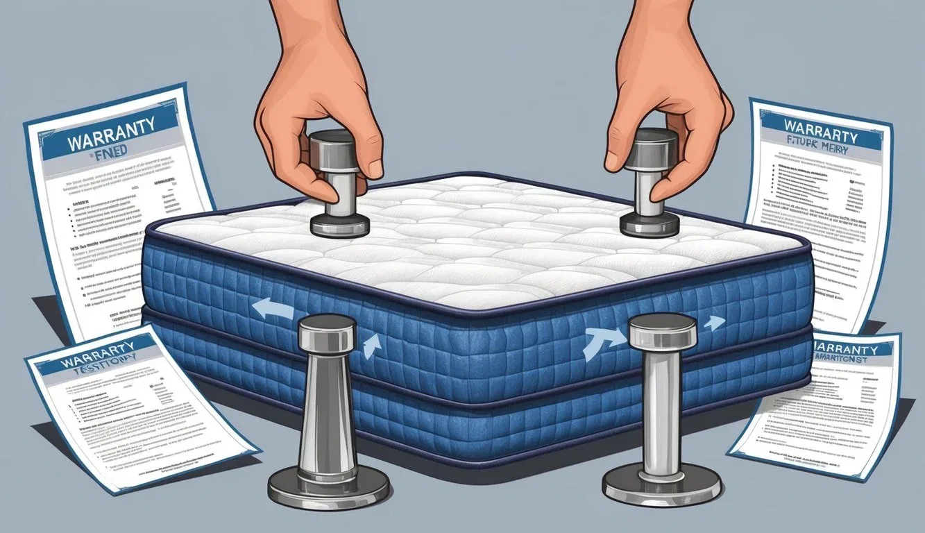 A firm mattress being tested with various weights and pressure points, surrounded by warranty and return policy documents