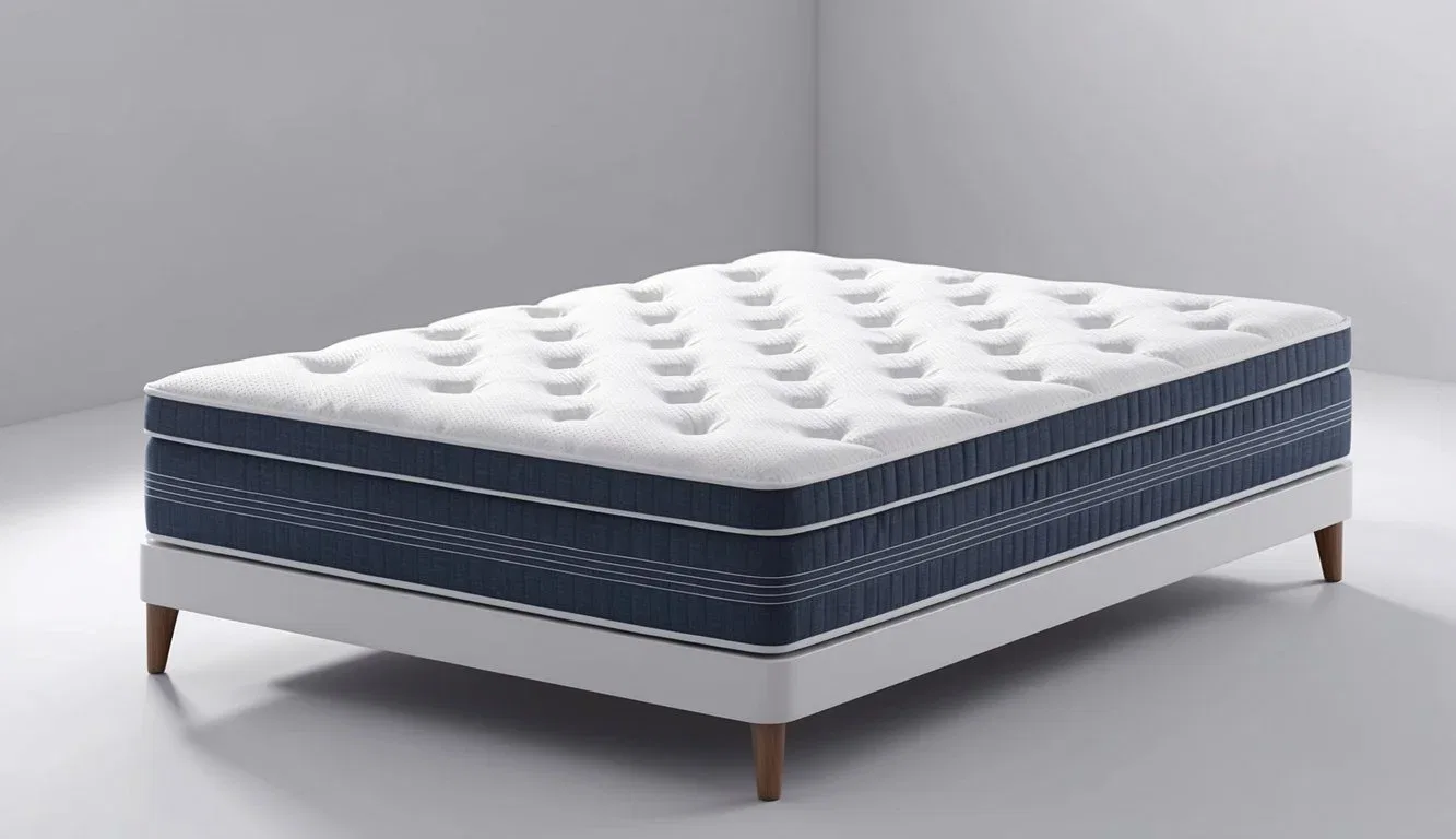 A firm mattress with supportive coils and a thick layer of memory foam, featuring a sleek, modern design with clean lines and minimalistic detailing