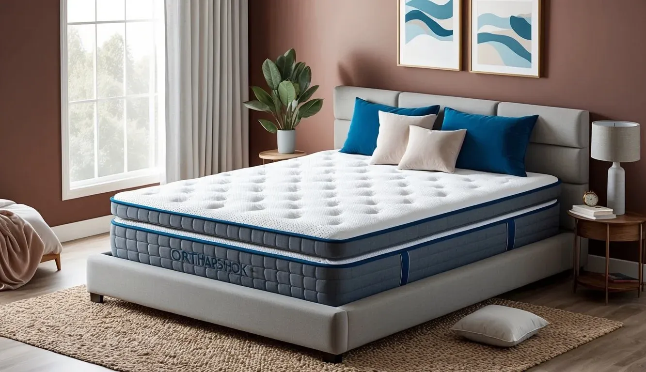 A bedroom with a high-quality orthopedic mattress, surrounded by supportive pillows and a cozy duvet