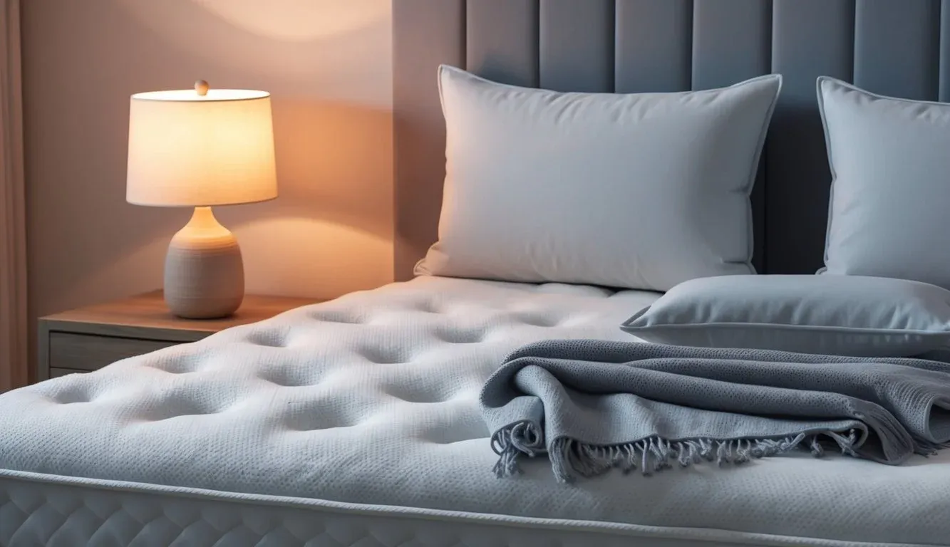 A serene bedroom with a plush orthopedic mattress, soft pillows, and cozy blankets. A warm glow from a bedside lamp adds to the soothing atmosphere