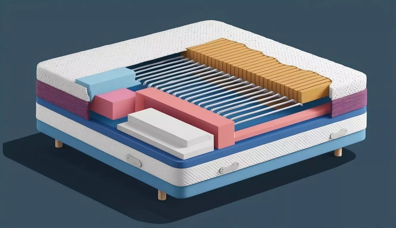 A mattress with both memory foam and innerspring coils, shown with a cutaway view to reveal the layers and construction