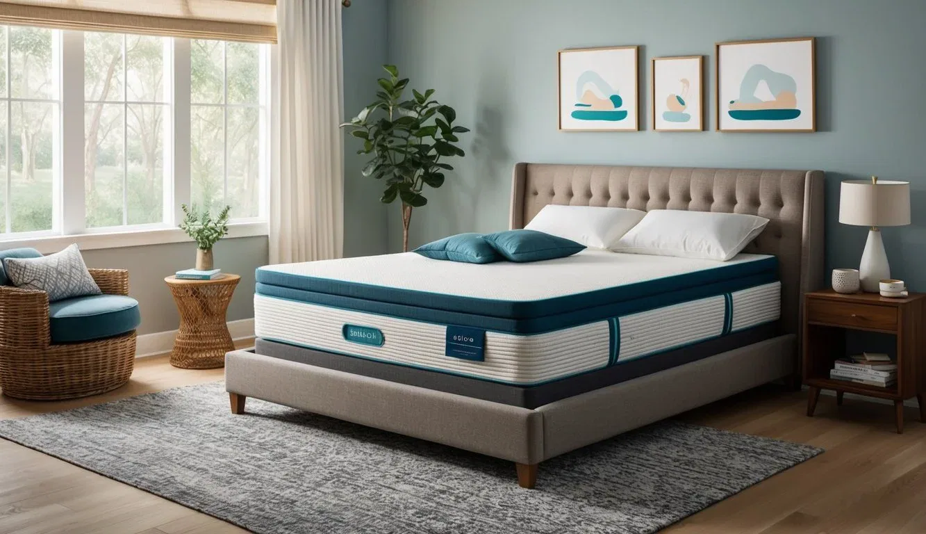 A serene bedroom with a cozy, inviting hybrid mattress showcasing various sleep positions for different types of sleepers