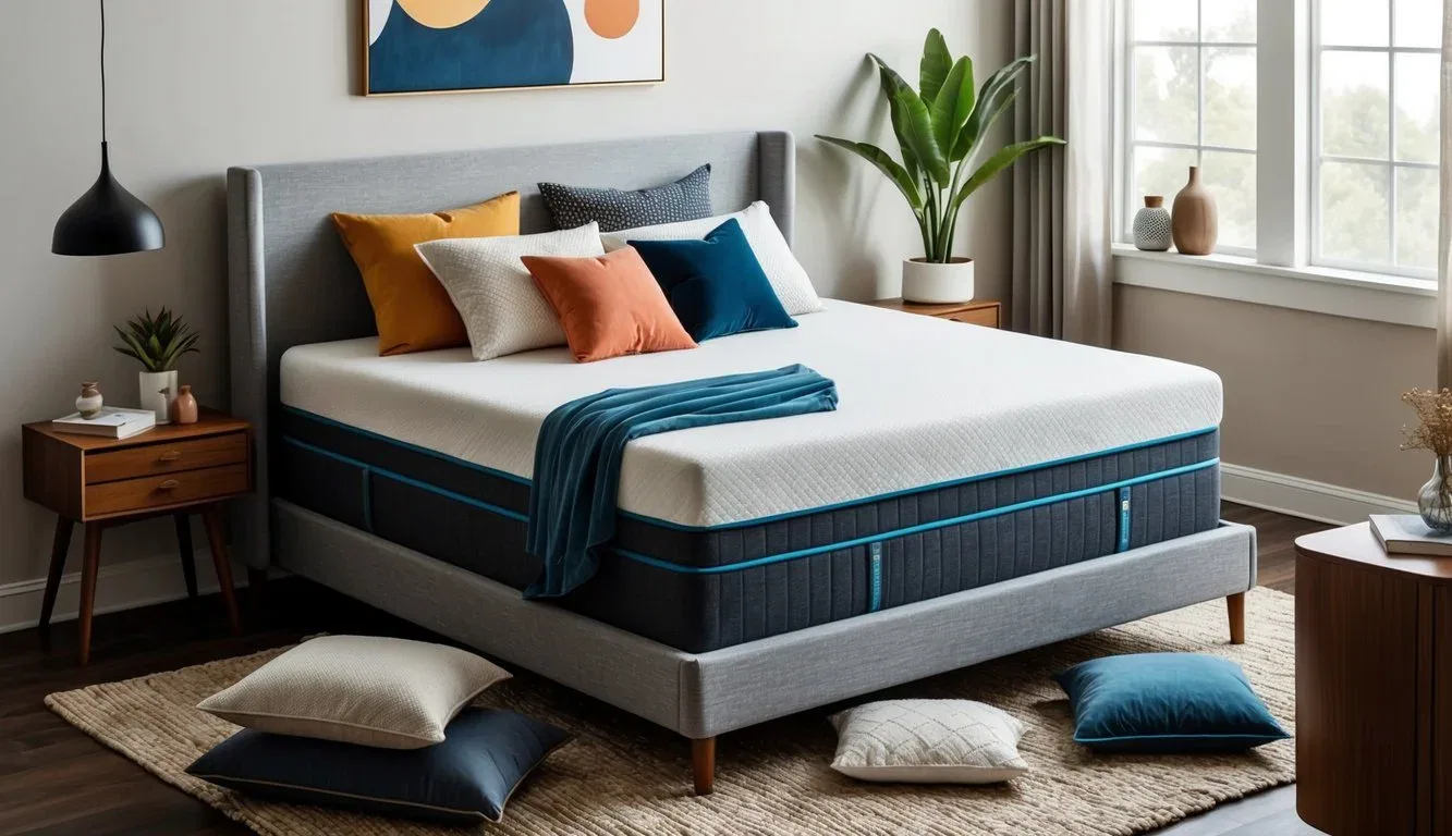 A bedroom with a modern, comfortable hybrid mattress surrounded by various types of bedding and pillows