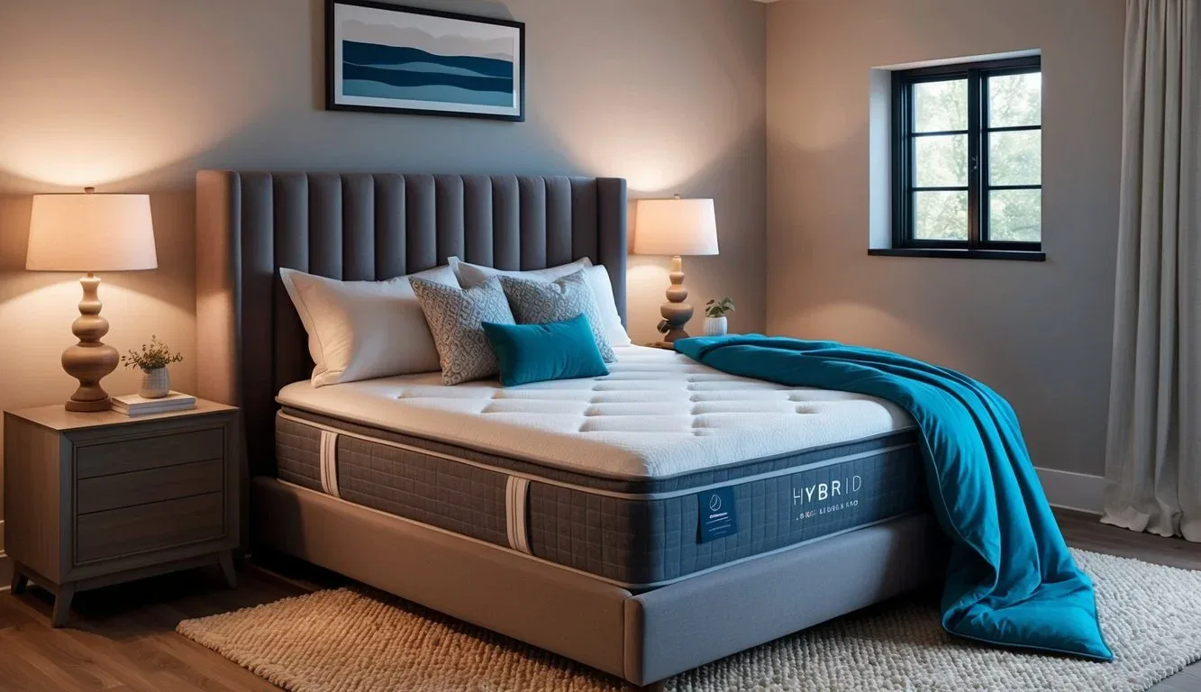 A cozy bedroom with a luxurious hybrid mattress surrounded by soft pillows and a plush duvet, creating a comfortable and inviting atmosphere