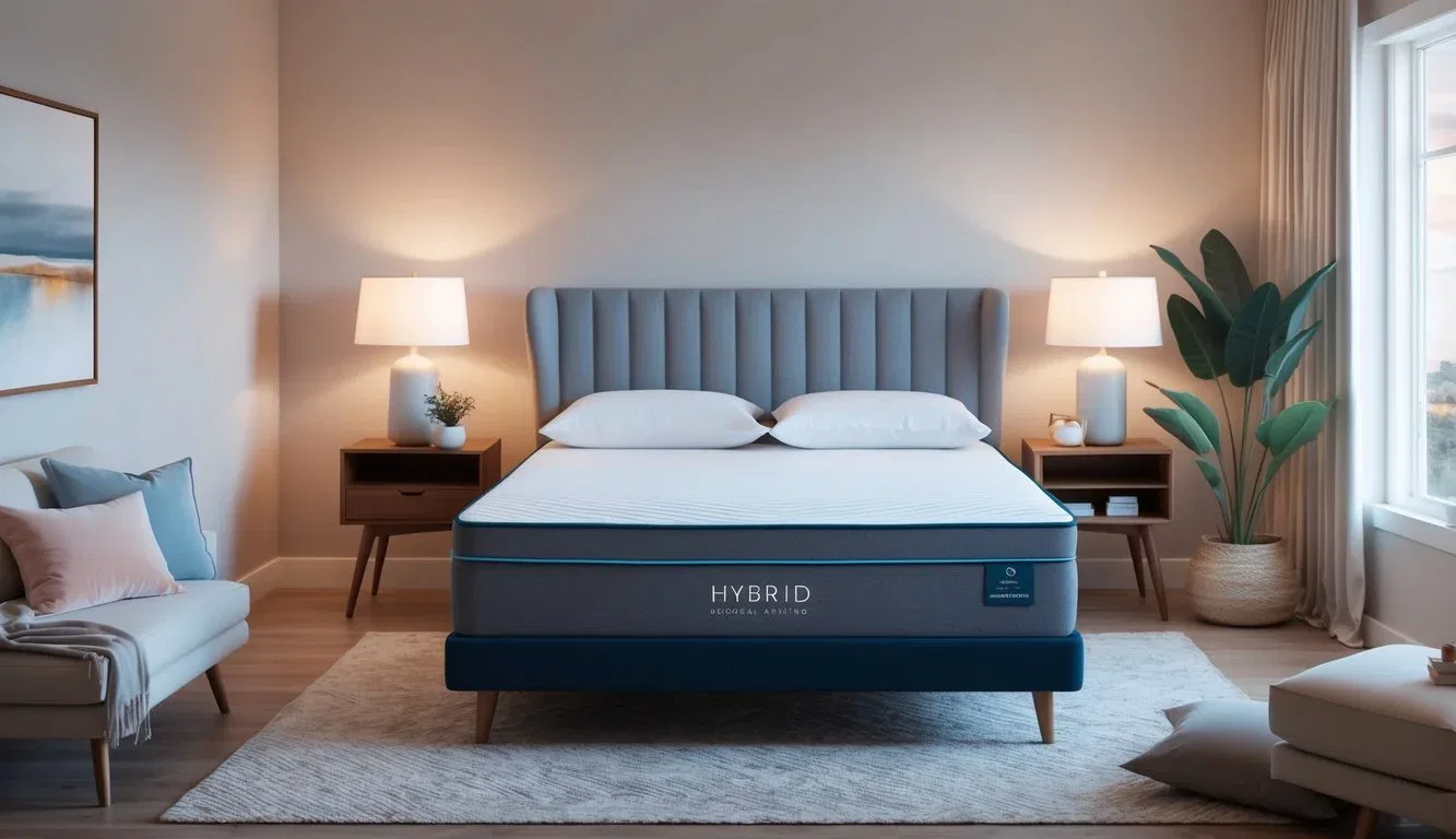 A serene bedroom setting with a comfortable, supportive hybrid mattress surrounded by calming elements such as soft lighting and cozy bedding
