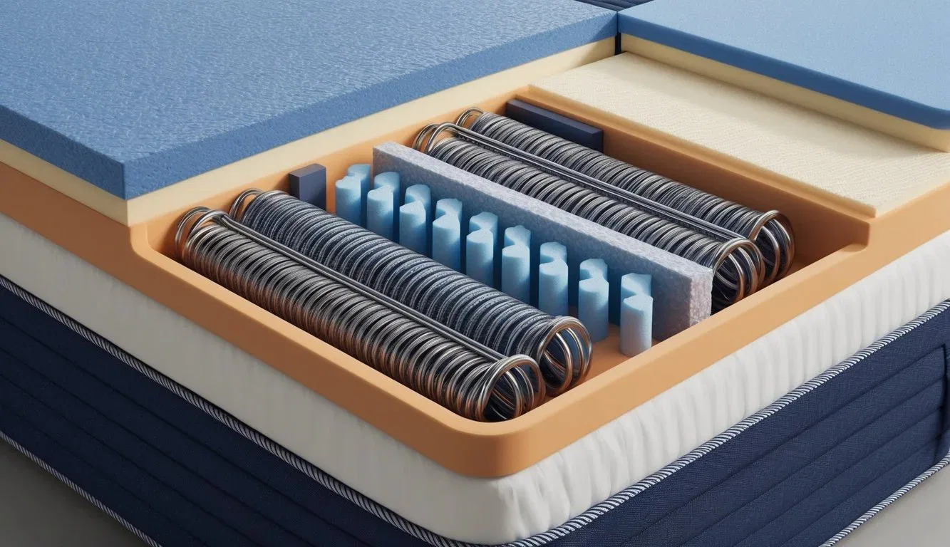 A cutaway view of a hybrid mattress revealing the intricate coil system inside, surrounded by layers of foam and fabric