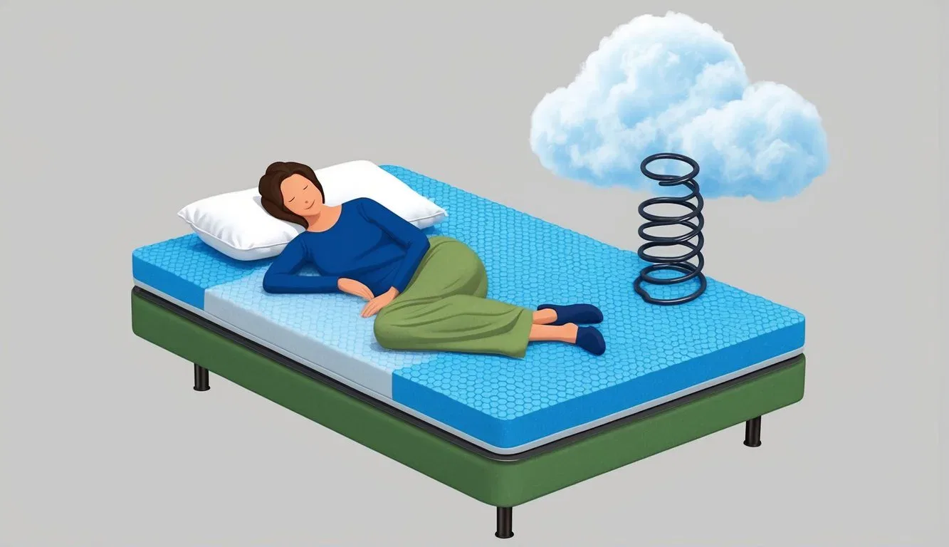 A person lying comfortably on a half-spring, half-foam mattress, surrounded by a cloud and a coil symbolizing the hybrid nature of the mattress