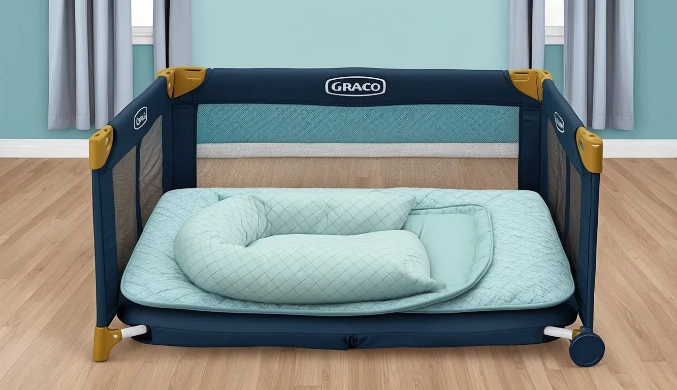 A cozy Graco Pack 'n Play mattress with soft, quilted fabric and supportive padding, surrounded by a sturdy, foldable playpen frame