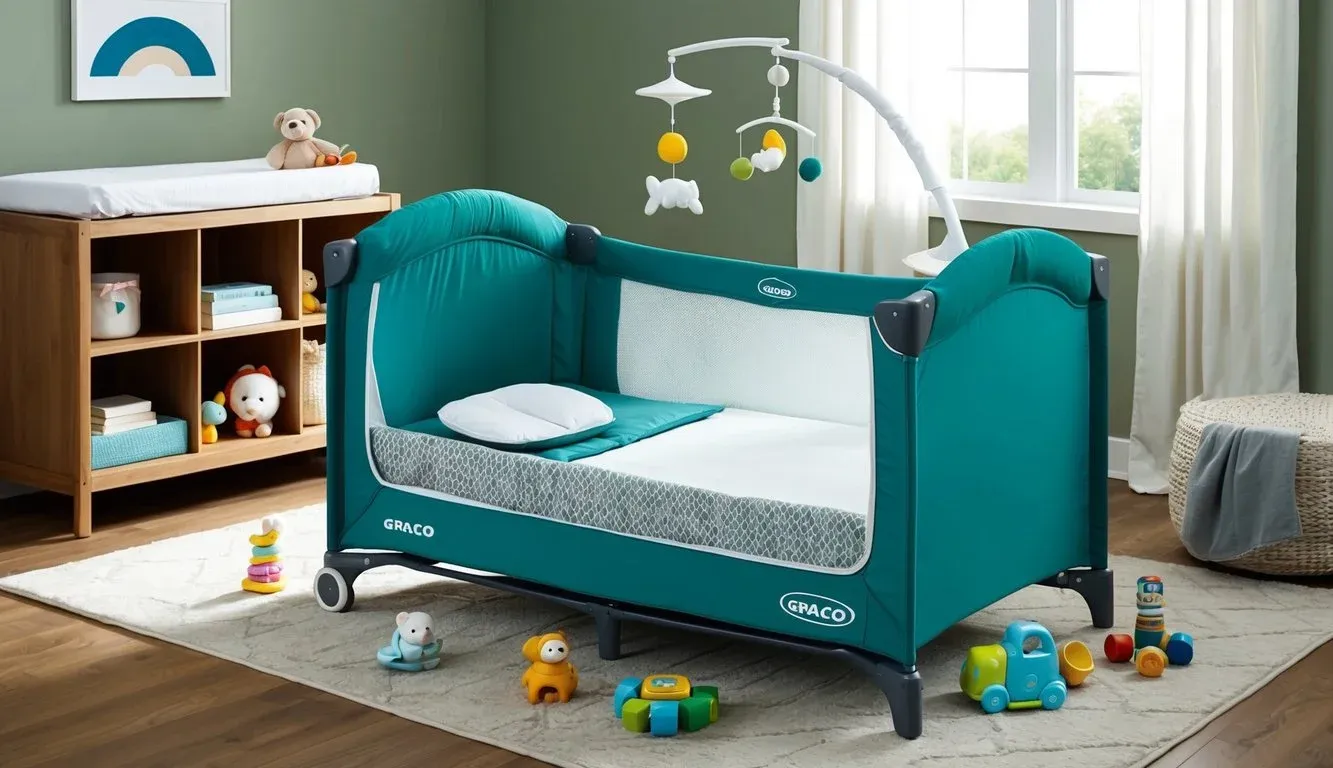 A Graco Pack 'n Play with a fitted mattress, surrounded by toys and a mobile, set up in a cozy nursery room