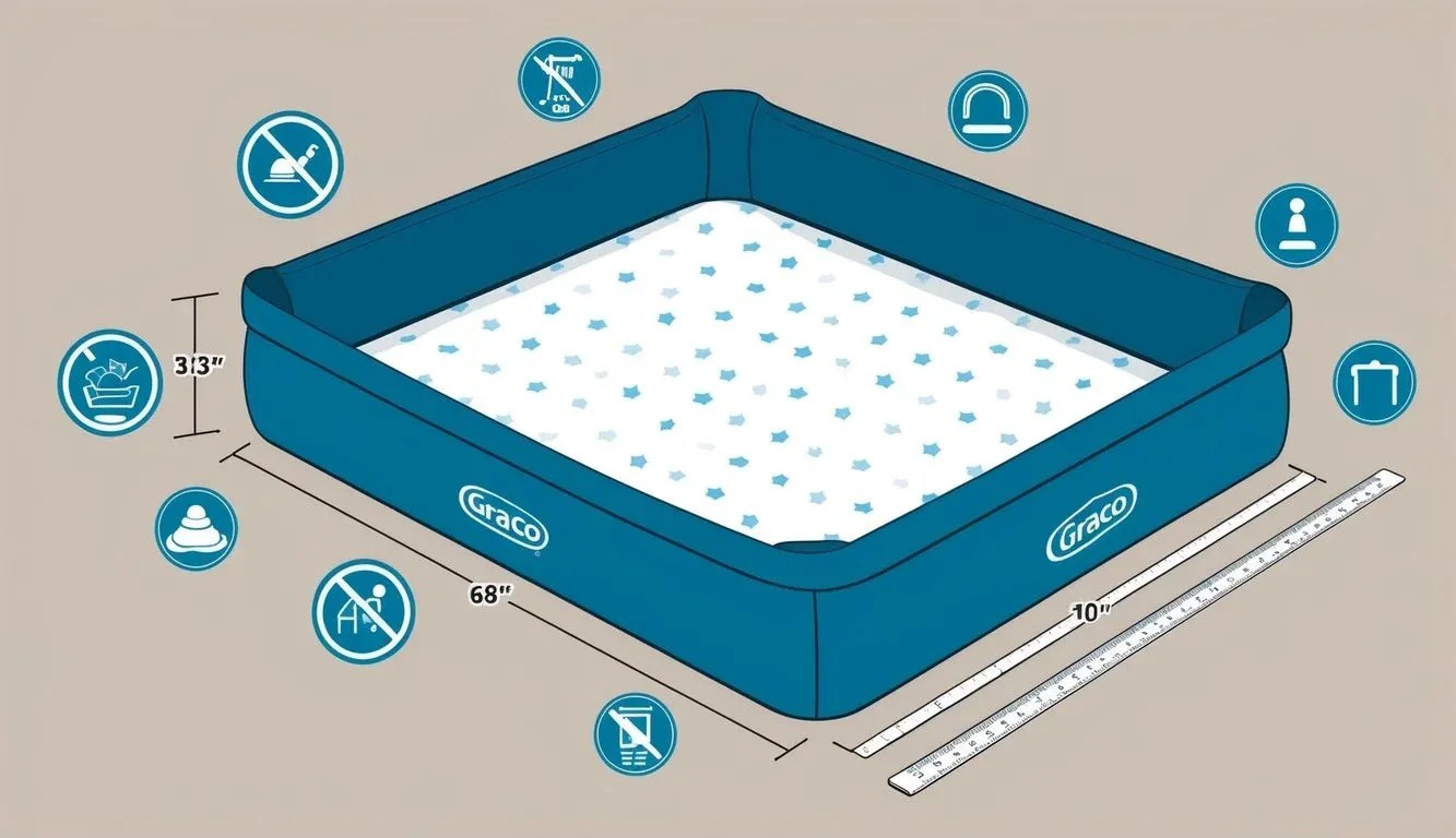 A Graco Pack 'n Play mattress surrounded by safety and compliance symbols, with a ruler measuring its dimensions