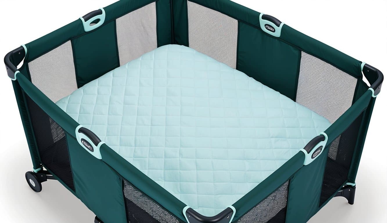 A Graco Pack N Play mattress with a soft, quilted cover sits inside the playard, surrounded by mesh walls and sturdy frame