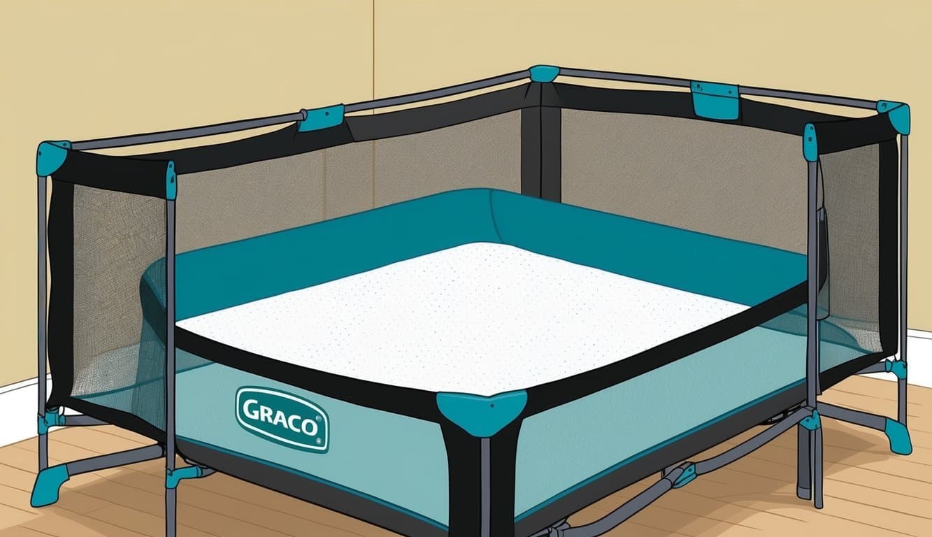 A Graco pack n play mattress fitting snugly inside the playpen, demonstrating its size and thickness for review