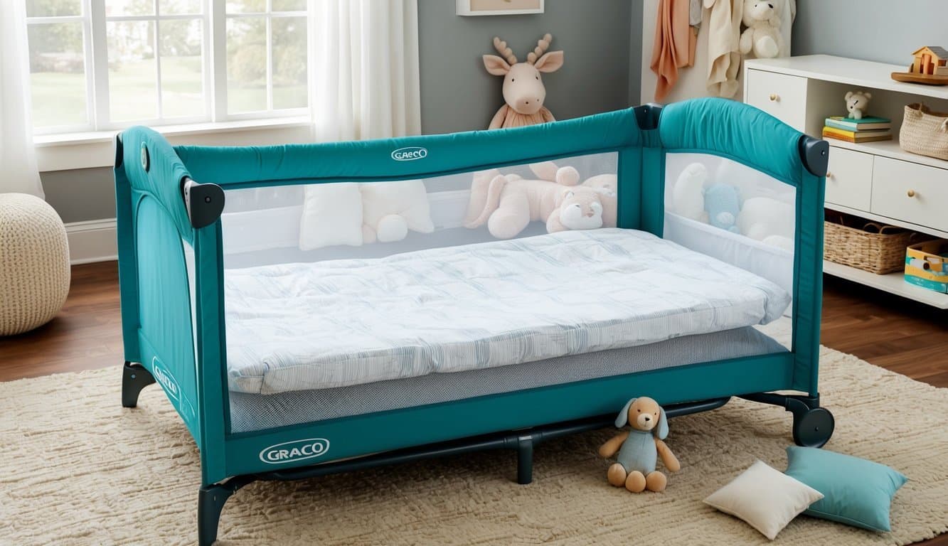 A cozy Graco Pack n Play with a comfortable mattress, surrounded by soft bedding and toys