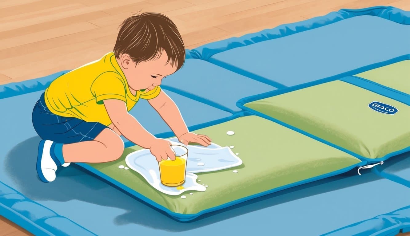 A toddler spills juice on a Graco Pack 'n Play mattress, but it easily wipes clean with a damp cloth. The mattress shows no signs of wear after repeated use