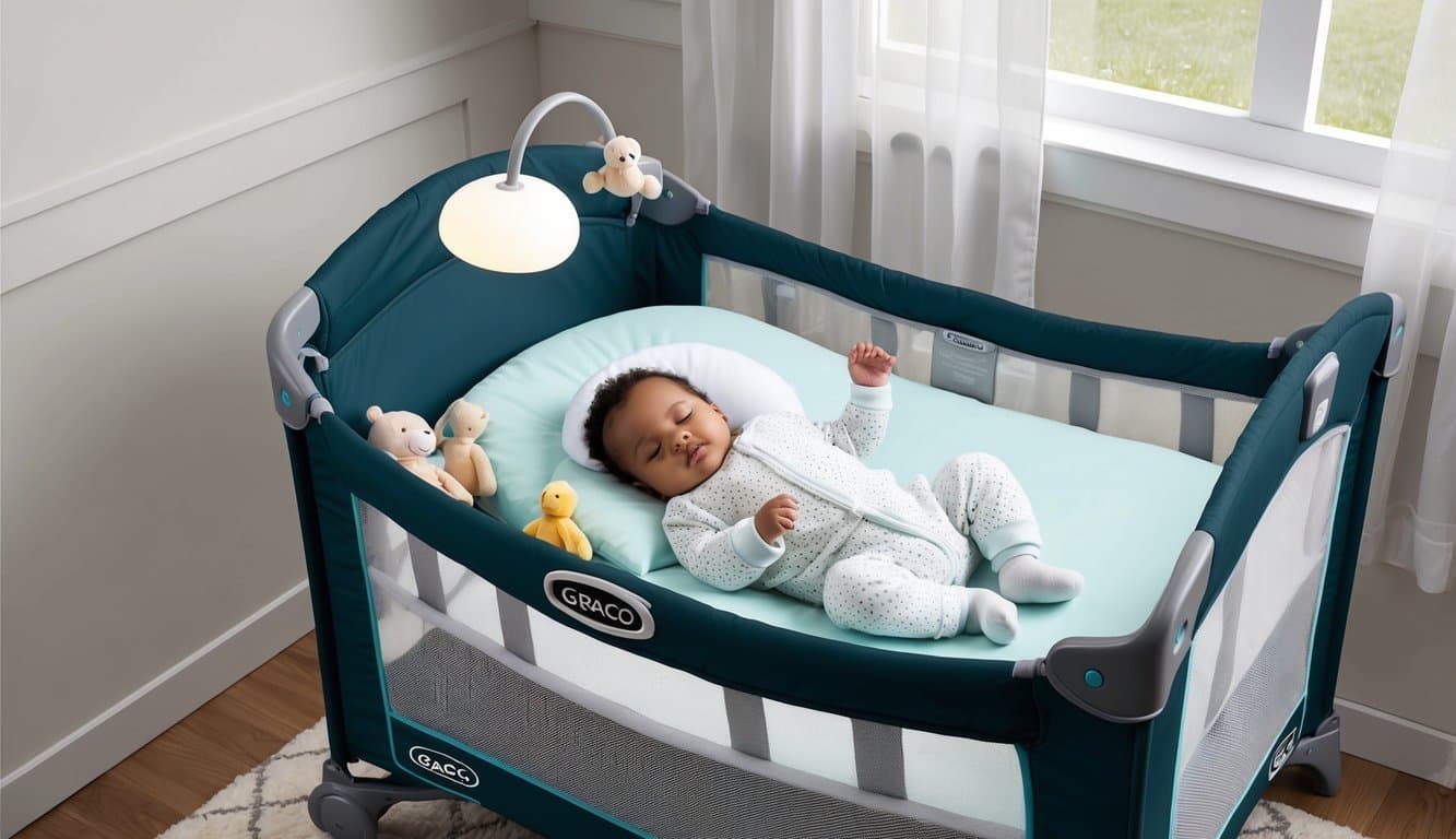 A cozy Graco Pack 'n Play mattress nestled inside the playpen, surrounded by soft toys and a gentle nightlight, creating a peaceful sleep environment for an infant or toddler