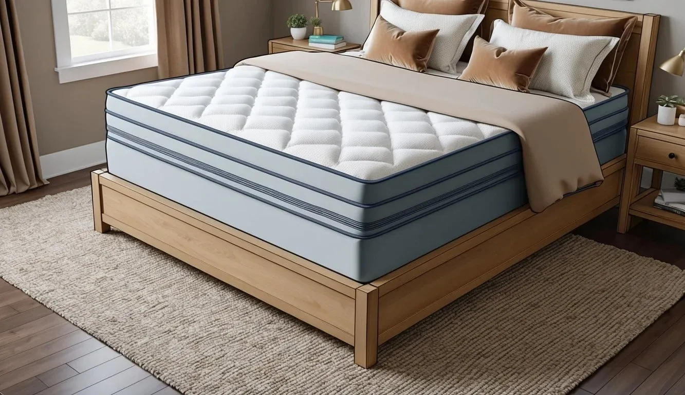 A cozy bedroom with a Box Drop Mattress set atop a sturdy bed frame, surrounded by soft, neutral-colored bedding and pillows
