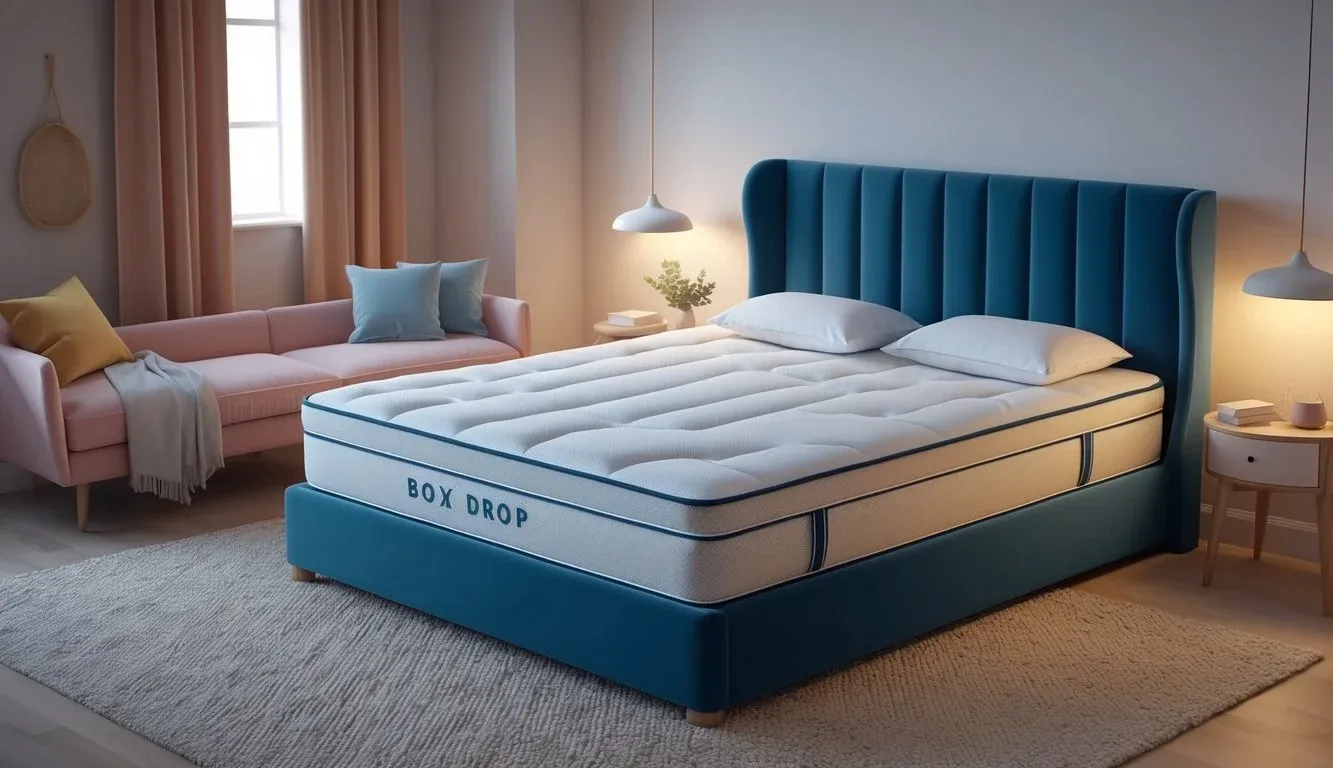 A serene bedroom with a neatly made bed featuring a Box Drop Mattress, surrounded by soft, ambient lighting and a cozy atmosphere