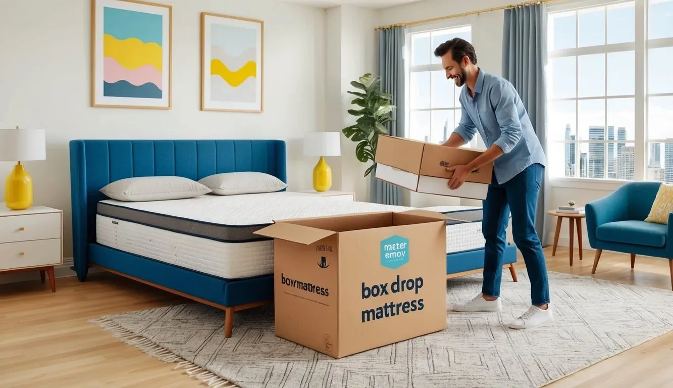 A person unboxing a Box Drop Mattress in a bright, spacious bedroom
