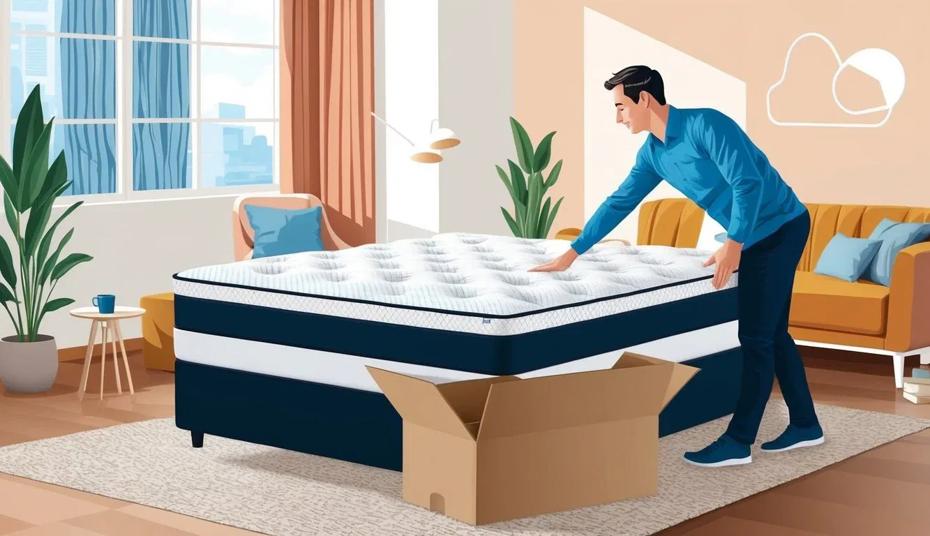 A customer unboxing a new mattress, inspecting and testing it for comfort and quality