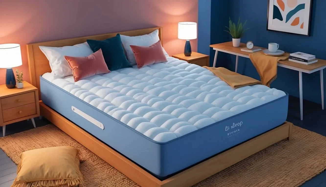 A cozy bedroom with a Box Drop Mattress, surrounded by soft pillows and a warm blanket