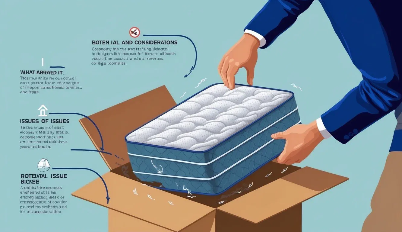 A mattress being dropped from a box, with potential issues and considerations surrounding it