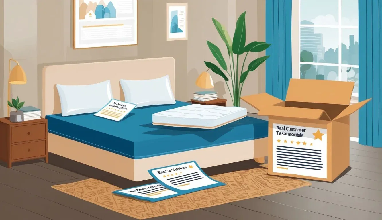 A cozy bedroom with a neatly made bed featuring a dropped mattress and a box of real customer testimonials and reviews beside it