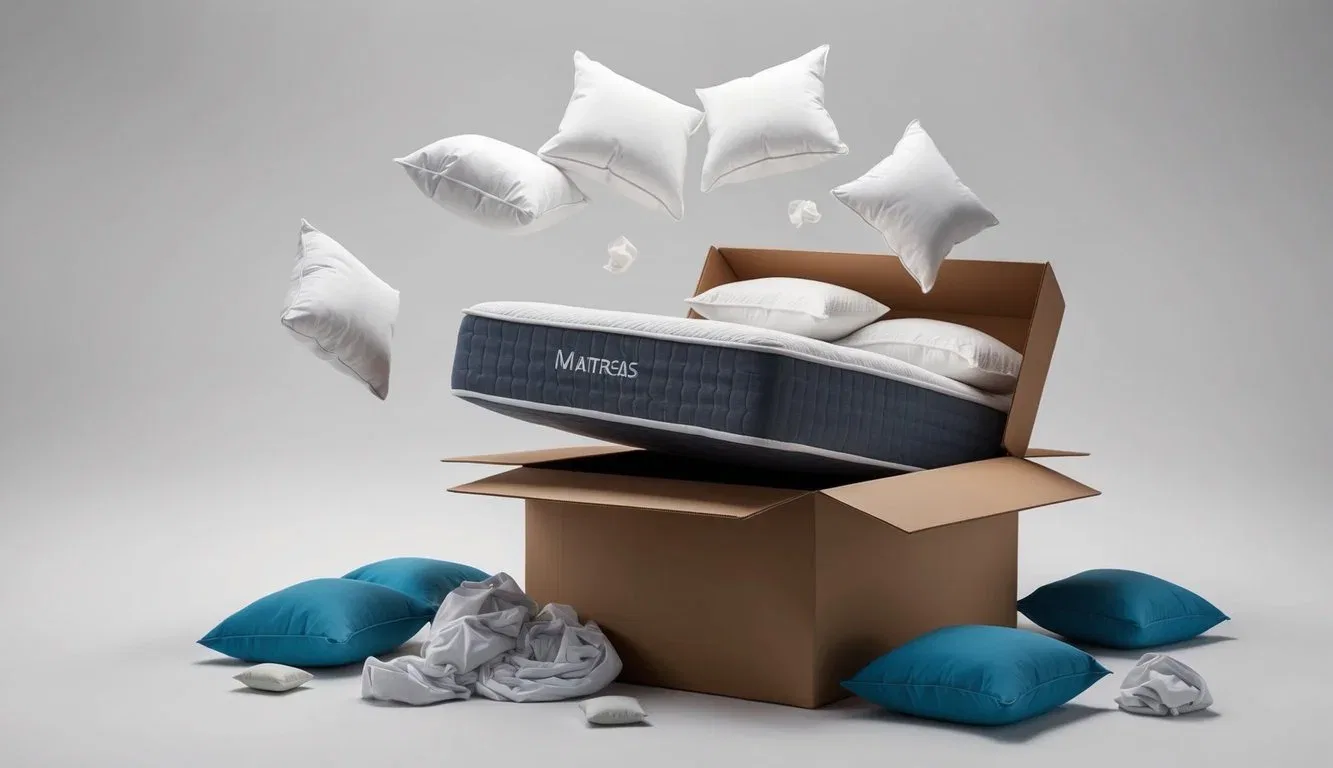 A mattress dropping into a box, surrounded by scattered pillows and a crumpled sheet