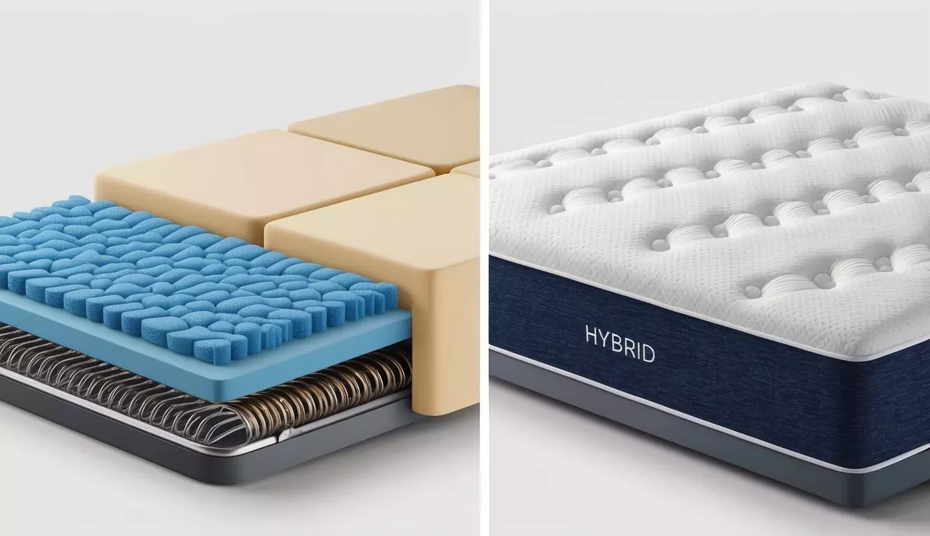 A hybrid and innerspring mattress side by side, with the hybrid featuring a combination of foam and coils, and the innerspring showcasing a traditional coil system