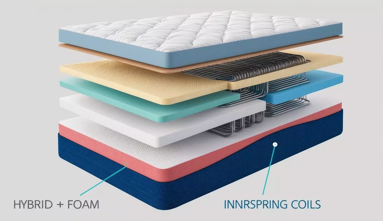 A cross-section of a mattress with layers of foam and coils, showcasing the hybrid vs innerspring construction and materials