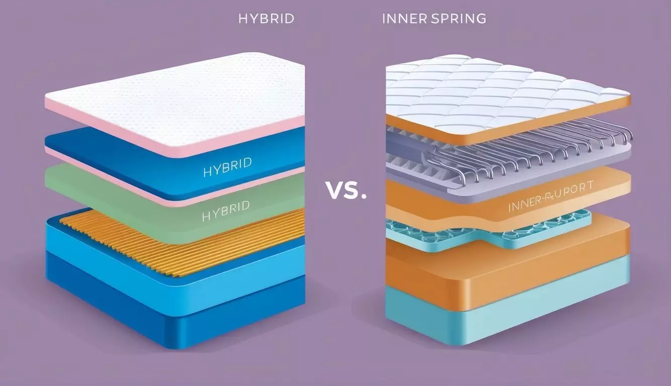 A cross-section of a hybrid vs innerspring mattress, highlighting their internal layers and support features