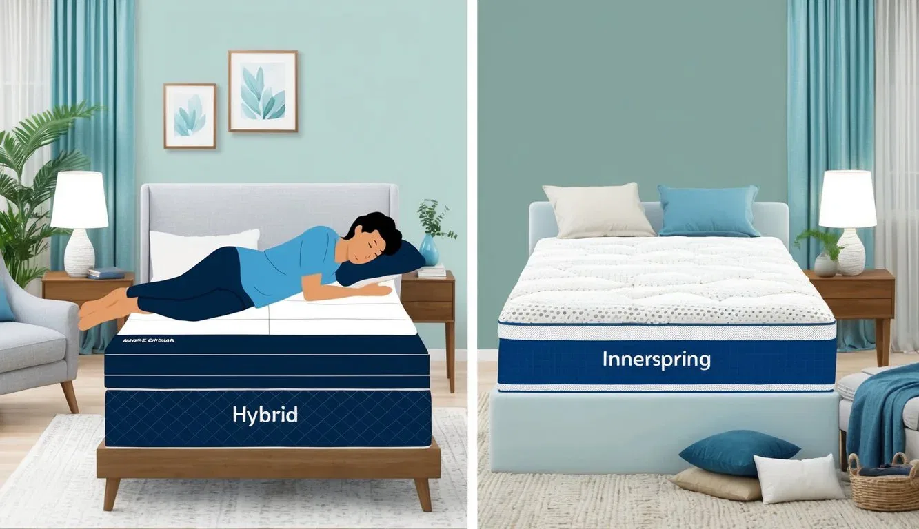 A hybrid mattress and an innerspring mattress side by side, with a person sleeping peacefully on each, surrounded by a serene and comfortable bedroom setting