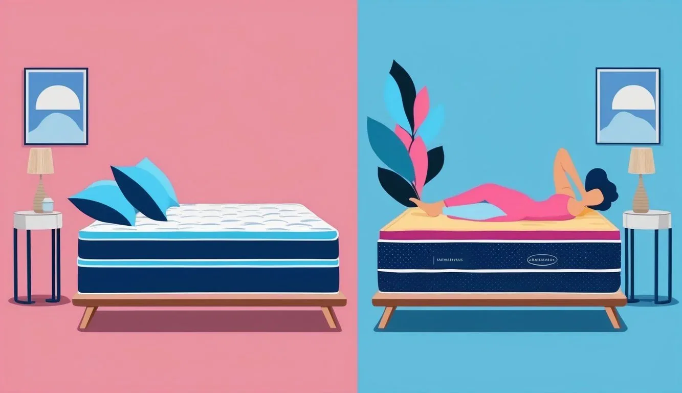 A hybrid mattress and an innerspring mattress side by side, enduring weight and pressure over time
