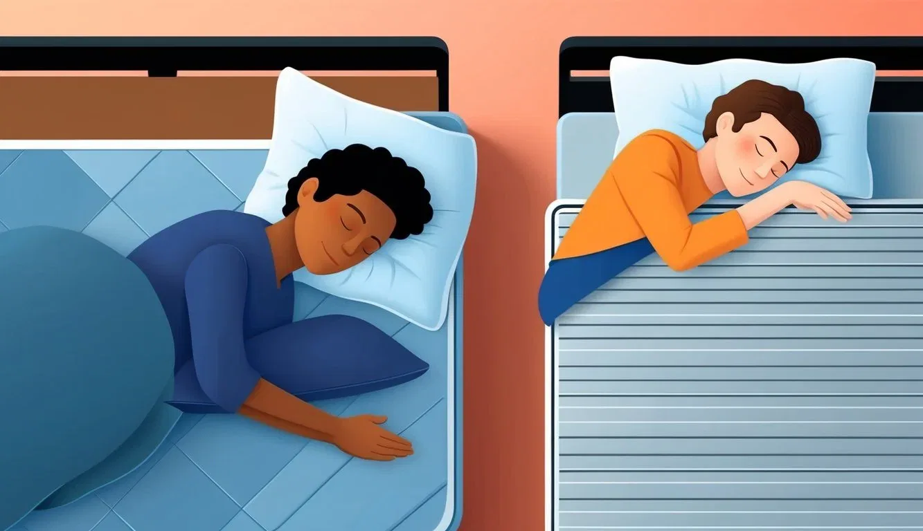 A person sleeping comfortably on a hybrid mattress, while another person is sleeping peacefully on an innerspring mattress