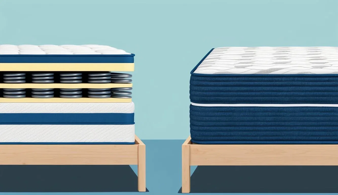 A hybrid mattress and an innerspring mattress side by side on a bed frame, with the hybrid mattress showing layers of foam and coils, while the innerspring mattress displays a traditional spring system