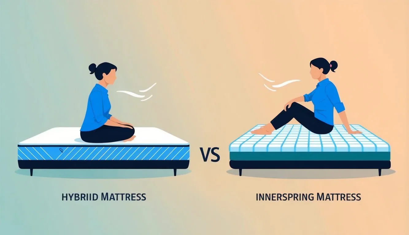 A hybrid mattress and an innerspring mattress side by side, with a person sitting on each to compare the comfort and support