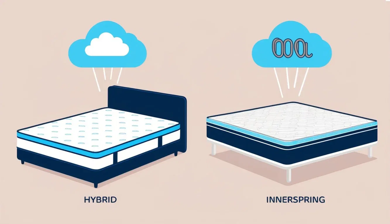 A hybrid mattress and an innerspring mattress side by side, each with a cloud and coil symbol above them, representing their respective features