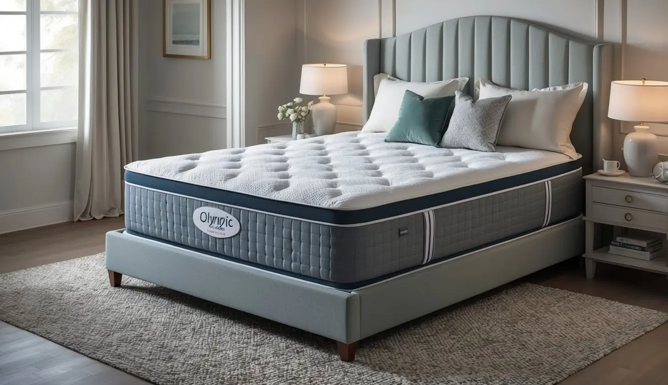 A luxurious Olympic queen mattress surrounded by a serene and elegant bedroom setting, with soft lighting and cozy bedding