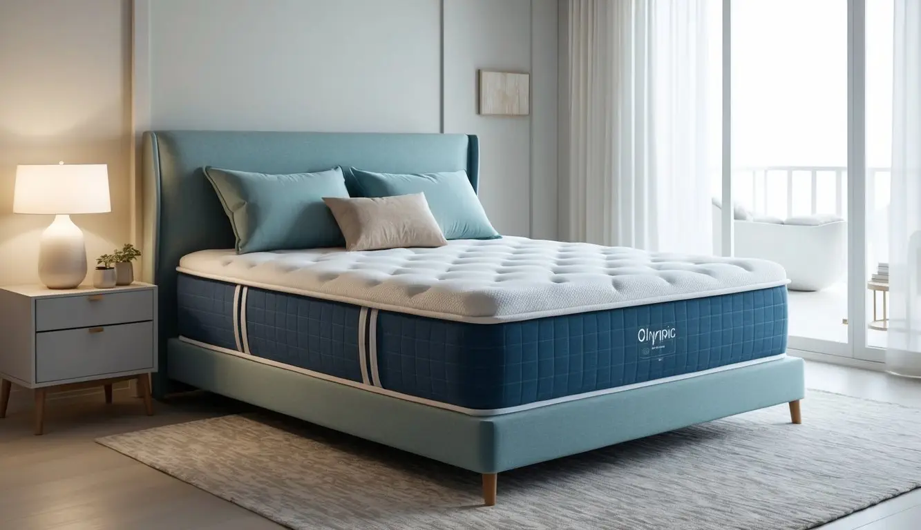 A comfortable olympic queen mattress with plush padding and sturdy support, set against a backdrop of a serene bedroom with soft lighting and minimalistic decor