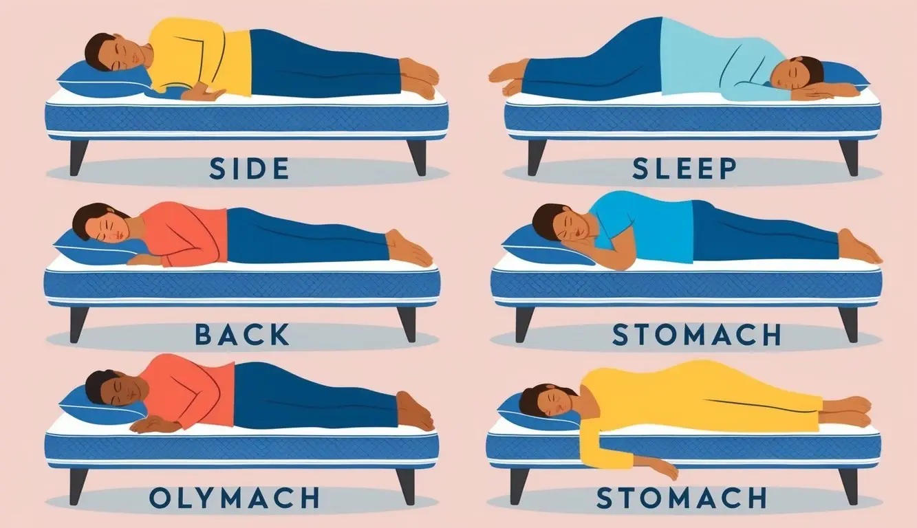 A diverse group of sleepers, including side, back, and stomach, each comfortably resting on their respective best Olympic queen mattresses