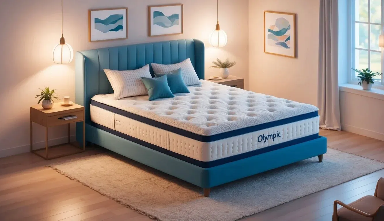 A serene bedroom with an Olympic queen mattress as the focal point, surrounded by soft lighting and cozy bedding