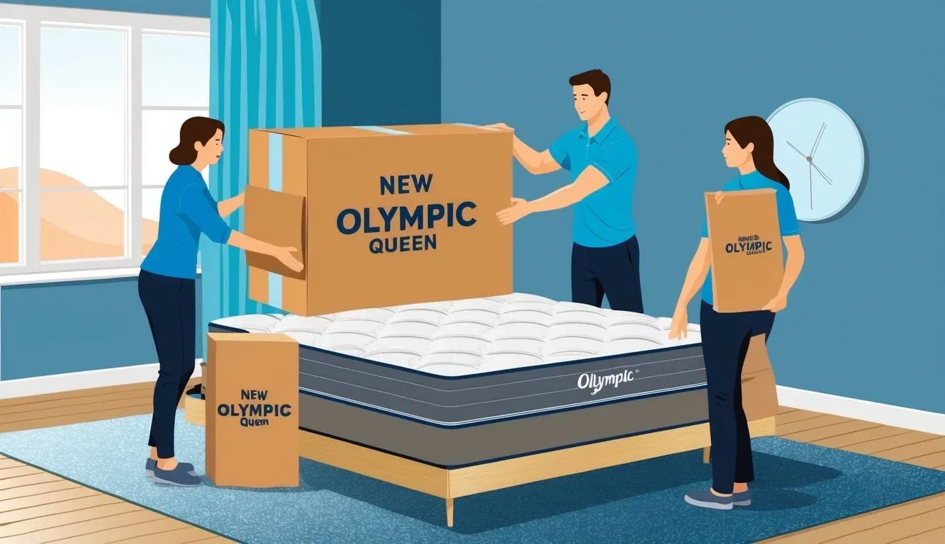 A couple unpacking and setting up their new Olympic queen mattress in their bedroom, with the mattress being the focal point of the scene