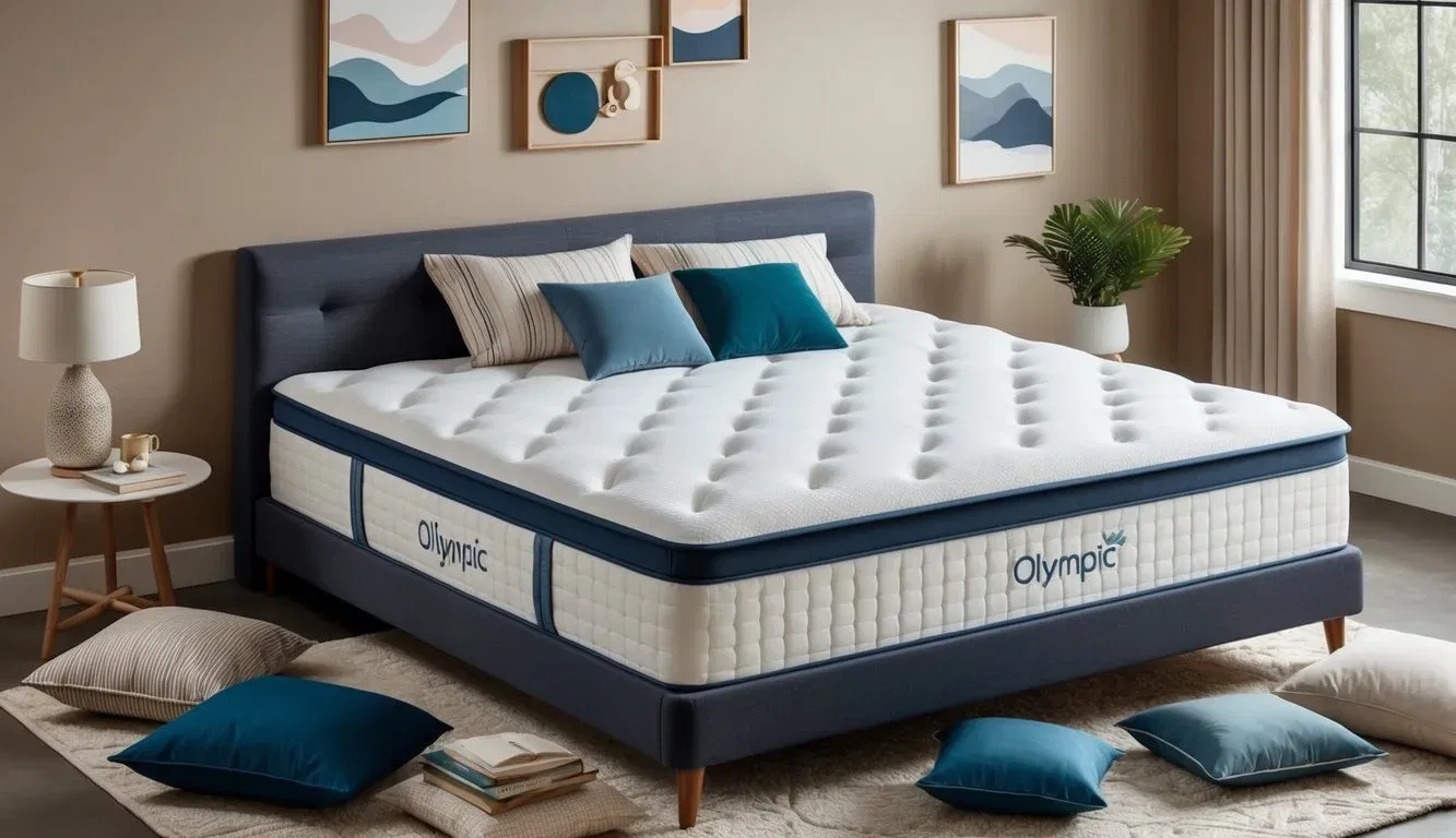 An olympic queen mattress with various accessories scattered around it, such as mattress toppers, pillows, and sheets, creating a cozy and inviting bedroom scene