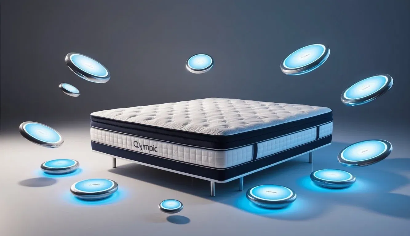 A sleek, modern olympic queen mattress surrounded by floating, glowing technology components