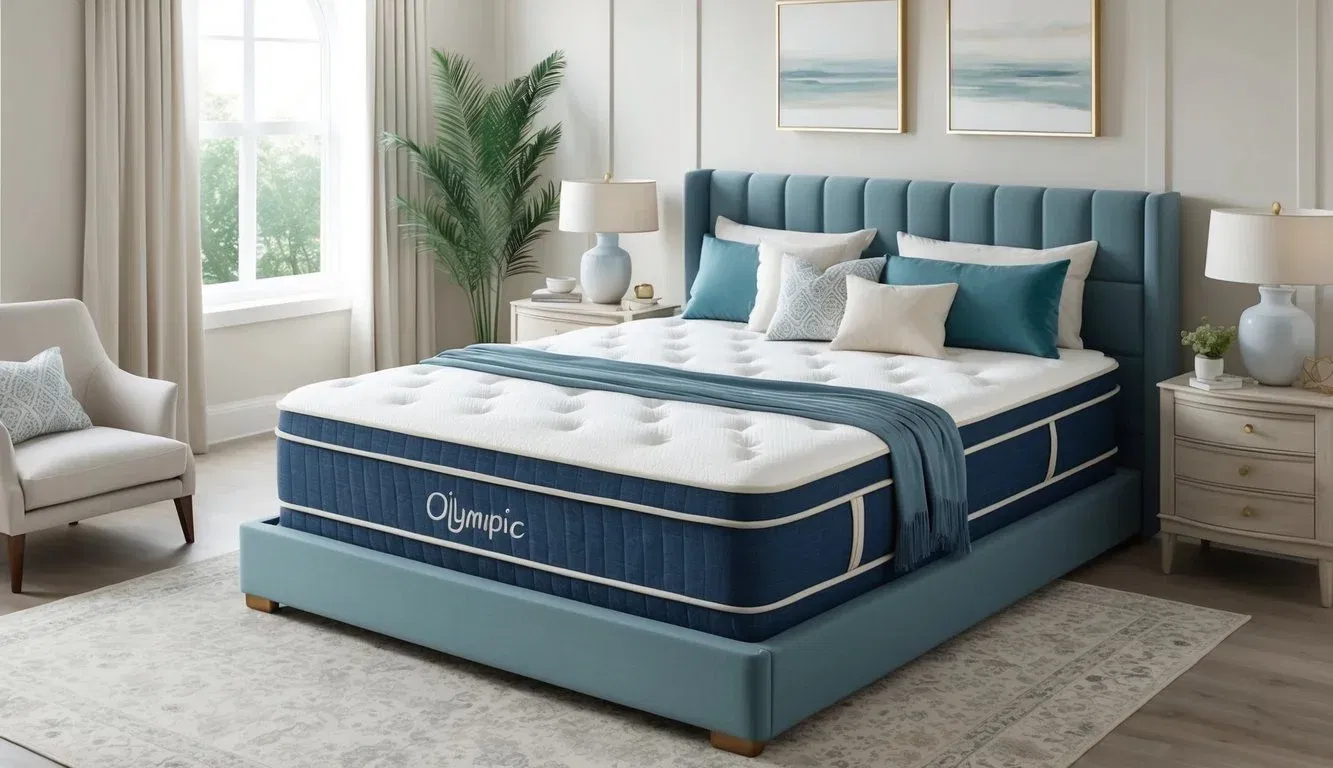 A serene bedroom with a spacious olympic queen mattress as the focal point, adorned with luxurious bedding and surrounded by calming decor