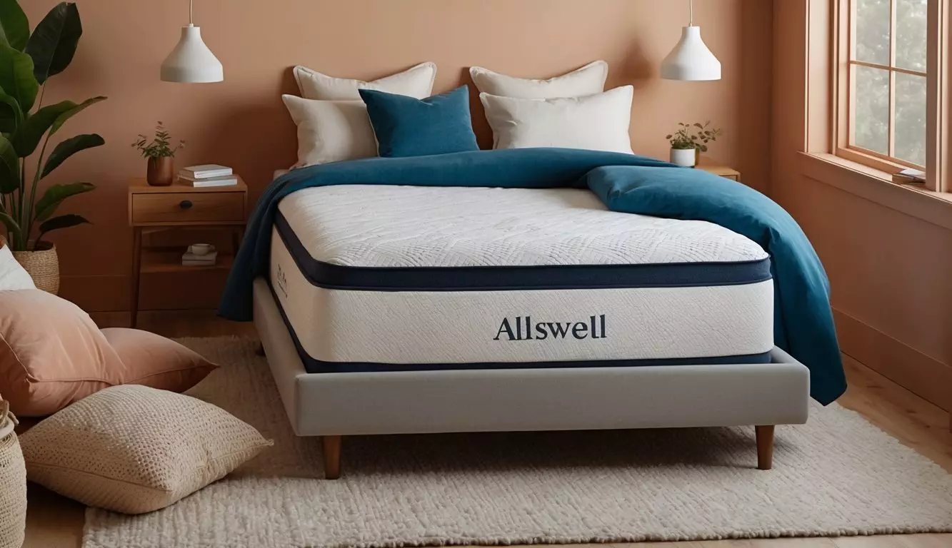 A cozy bedroom with an Allswell mattress as the focal point, surrounded by soft pillows and a warm, inviting atmosphere