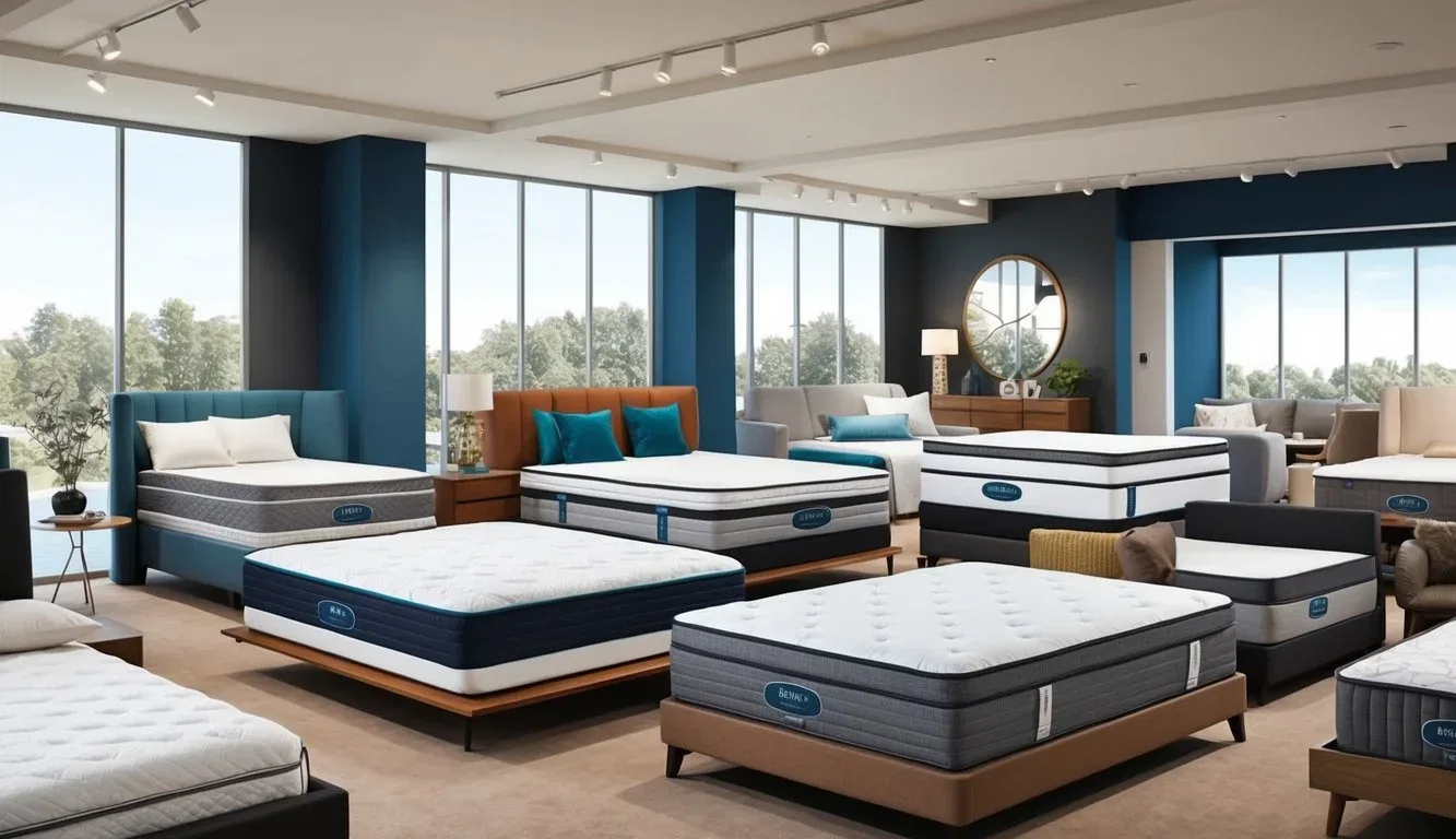 A variety of mattresses in different sizes and price points displayed in a showroom setting