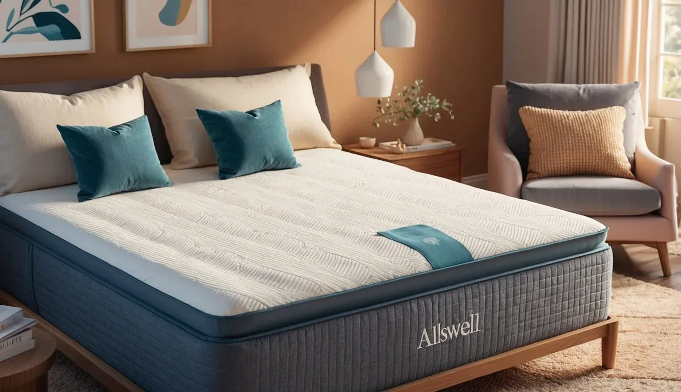 A cozy bedroom with a neatly made bed featuring an Allswell mattress, surrounded by soft, inviting pillows and a warm, comforting atmosphere