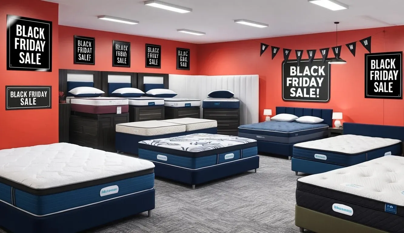 A showroom with various mattress types displayed, surrounded by Black Friday sale signs