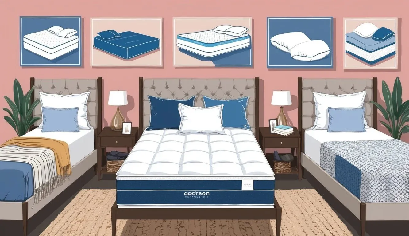 A cozy bedroom with a variety of mattresses, pillows, and bedding displayed, showcasing different sleep styles