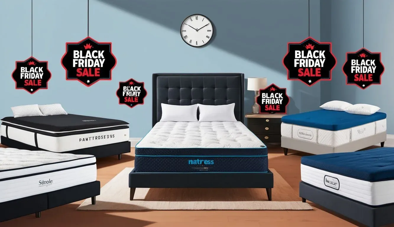 A bedroom with various top mattress brands and models displayed with Black Friday sale signs